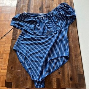 Pinstriped body suit, off shoulder